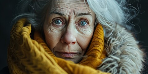 crop elderly gray haired female looking at camera with wrinkled face and in warm clothes while in light against dark background