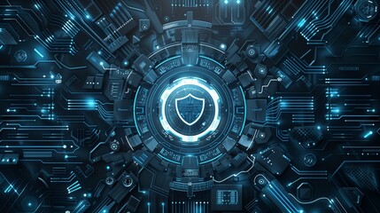 Futuristic blue cyber security concept with a shield symbol centered on a digital interface. - obrazy, fototapety, plakaty