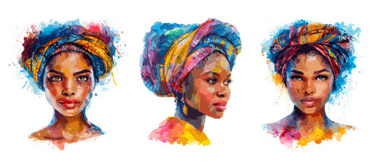 African woman watercolor art portrait, afro american lady face with paint colorful splashes, modern young female model in ethnic headdress hat drawing set vector illustration - 799935837