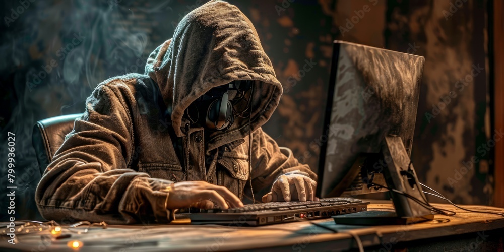 Poster photo of a hacker with hood working on a computer at a desk