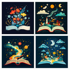 Book imagination concept. Open books fantasy dream story with flowers, fairy tower space planets night sky stars, school literature learning reading inspiration vector illustration - 799936007