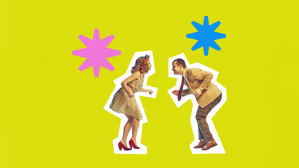 Poster. Contemporary art collage. Young talented duo, man and woman, dancers in retro attire...