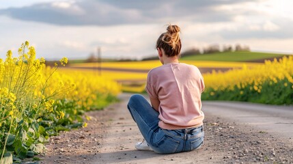  Smutna dziewczyna siedząca blisko pola z rzepakiem