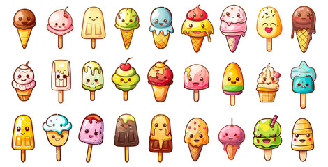Cartoon cute ice cream characters, funny vanilla soft icecream or popsicle mascot childish face baby kid comic character yummy set vector illustration - 799936476