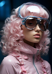 Woman in pink wig goggles for entertainment, eye glass accessory