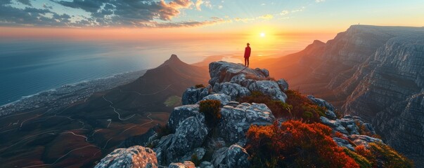 Aerial view of a person on top of Table Mountain peak at sunset, Cape Town, Western Cape, South Africa.