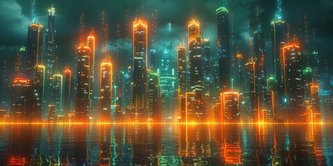 Sci-fi Cityscape with Orange and Green Neon lights. Night scene with Visionary Skyscrapers