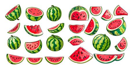 Cartoon ripe watermelon set, juicy fresh water melon whole half slice section pieces with green stripe peel and seed tropical fruit vitamin exotic berry vector illustration