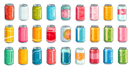 Cartoon soda cans, colourful aluminium metallic can fizzy refreshment drinks with fresh juice, energy carbonated drink sugar favor cola lemonade fast food set vector illustration - 799937034