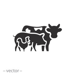 cow, pig and chicken icon, farm animals, group of pets, flat symbol on white background - vector illustration