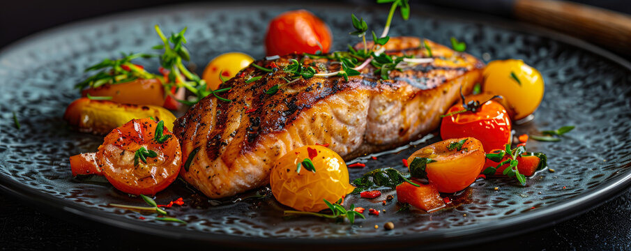 salmon steak on a black plate with herbs, vegetables and a wedge of lime. serving fried salmon in a restaurant