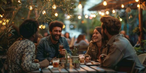 Fototapeta premium group of joyful friends enjoying an evening together at an outdoor cafe laughing and sharing a lighthearted moment