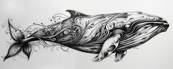 Abstract whale tattoo design with patterns and swirl
