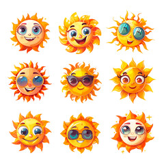 Cartoon sun mascots. Sunny funny characters cute smile faces in sunglasses, joy morning suns comic character sunlight head humor summer weather set isolated vector illustration - 799937650