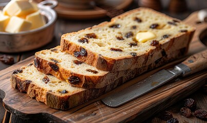Fresh sourdough raisin bread slices with pats of butter next to a silver knife on a wooden cutting board