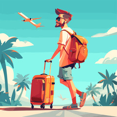 Cartoon tourist man with suitcase, travel blogger or airplane passenger wait tour flight, male happy alone traveler hold luggage journey trip concept vector illustration - 799937821
