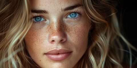 Naklejka premium Serene young woman with blue eyes and wavy blond hair