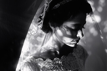 The photo captures a veiled bride in a monochrome palette, symbolizing the purity, mystery, and timeless essence of a wedding day