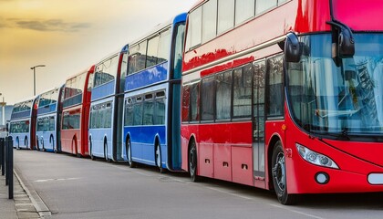 Red Blue double decker buses are parked at the bus stop close-up