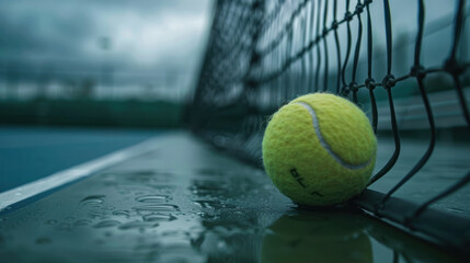 Tennis ball and racket on a net during a cloudy day.