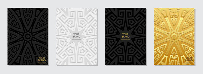 Set of covers, vertical art templates. A collection of relief, geometric backgrounds with an ethnic 3D pattern in the style of the Greek meander ornament. Boho motifs of the East, Asia, India, Mexico,
