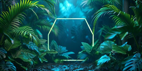 Trendy Background Design. Tropical Plants with Green and Blue, Hexagon shaped Neon Frame.