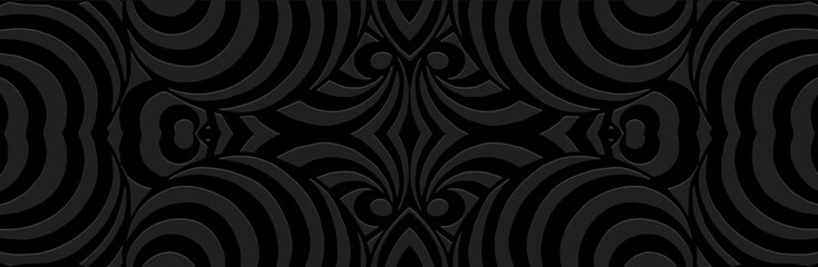 Banner. Relief geometric abstract linear 3D pattern on a black background. Ornaments, ethnic cover design, handmade. Boho motifs, unique exoticism of the East, Asia, India, Mexico, Aztec, Peru.