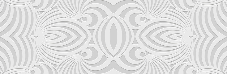 Banner. Relief geometric artistic linear 3D pattern on a white background. Ornaments, ethnic cover design, handmade. Boho motifs, unique exoticism of the East, Asia, India, Mexico, Aztec, Peru.