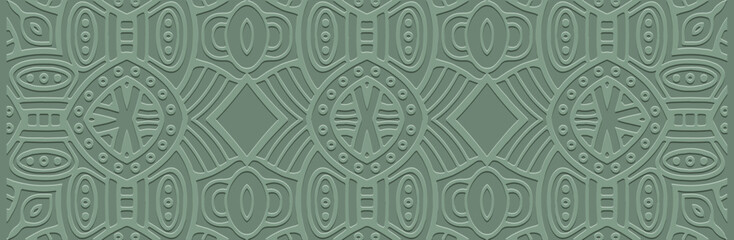 Banner. Relief geometric 3D pattern on a pastel green background. Ornaments, ethnic cover design, handmade. Boho motifs, unique exoticism of the East, Asia, India, Mexico, Aztec, Peru.