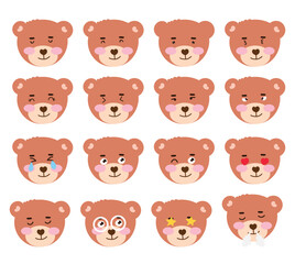 set of head little bear sticker emoticon isolated on white background.