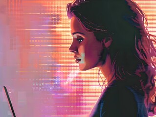 Thoughtful Woman Gazing Away from Laptop in Retro Pixel Art Style