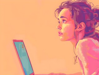 Pensive Woman s Serene Gaze While Interacting with Laptop in Retro Pixel Art Style