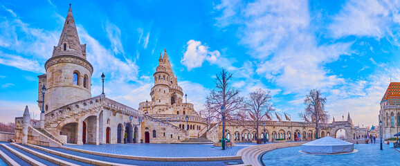 Panorama of Fisherman's Bastion from Holy Trinity Square, Budapest, Hungary