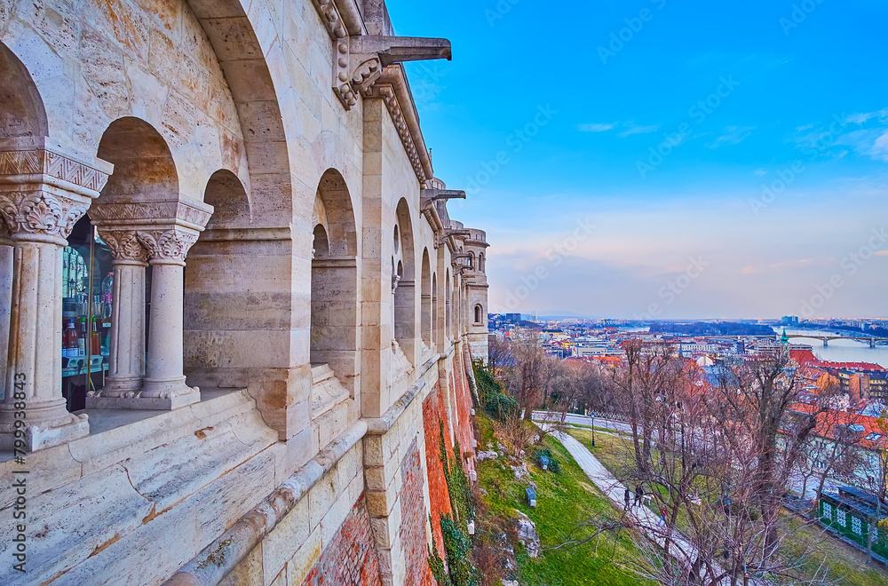 Poster The arcade of Fisherman's Bastion and Budapest roofs, Hungary