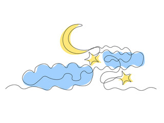 The moon is in the sky in the clouds,Logo, continuous single line art hand drawing sketch