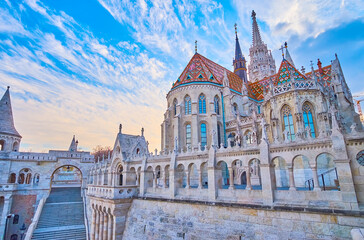 The Matthias Church behind the arcade of Fisherman's Bastion, Budapest, Hungary