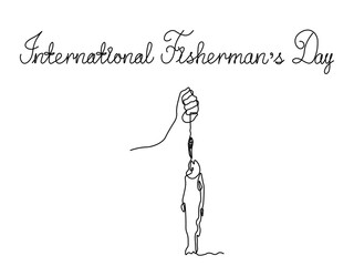 International Fishermans Day. abstract fisherman's hand with a fish caught ,Logo, continuous single line art hand drawing sketch