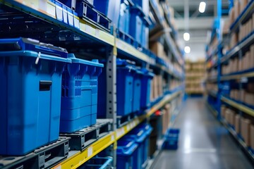 Naklejka premium Stocks shelves with bins in supermarket. Concept Retail Management, Supermarket Organization, Inventory Control, Store Merchandising