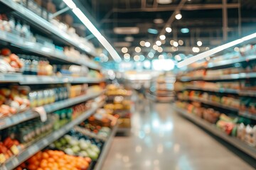 Blurry interior of a spacious grocery store with fully stocked shelves. Concept Grocery Store, Blurry Interior, Fully Stocked Shelves, Spacious Layout