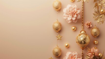 Elegant festive background with golden ornaments, stars, and flowers on a soft peach gradient.