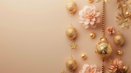 Fototapeta premium Elegant festive background with golden ornaments, stars, and flowers on a soft peach gradient.