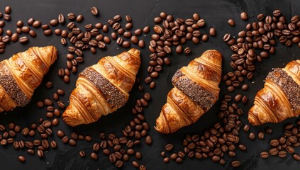 photo of croissants and coffee beans on black background
