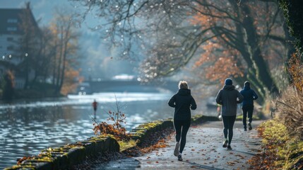 A stock photo of a healthy, active lifestyle with no cigarettes in sight: people jogging in a scenic setting.