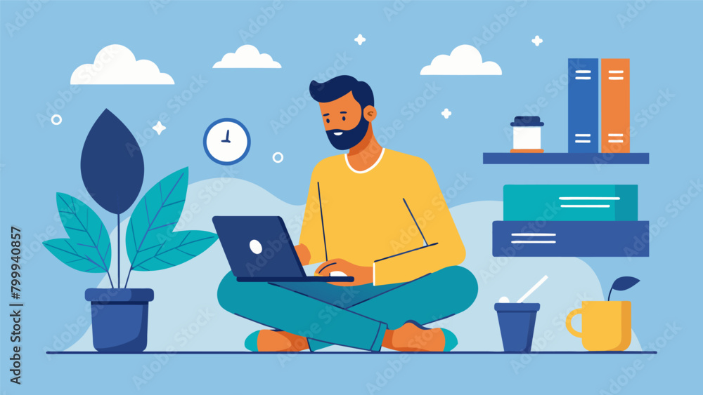 Poster a man sits at his desk taking a break from work to practice selfcare by journaling and reflecting on
