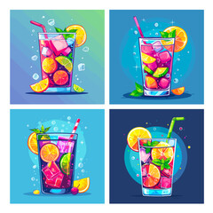NIght club cocktails concept, summer soda cocktail with lemon ice cubes lemon lime cherry alcohol fresh drinks neon dance party poster card set cartoon vector illustration - 799940806