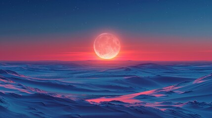 surreal crimson moon looming over a silken desert landscape.