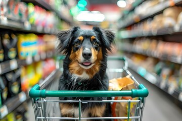 Adorable dog sitting in a shopping cart at a grocery store. Concept Pets, Shopping, Humor, Animals, Cute