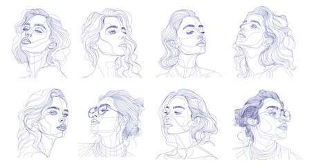 One line woman portrait, female person portraits lady head face hair outline art continuous contour abstract sketch drawing set vector illustration - 799941007