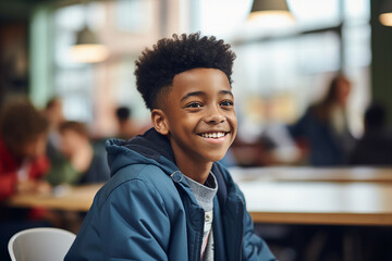 Happy school children in dinner place highschool canteen lunch break Generative AI picture