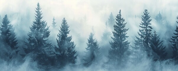 Seasonal Background with Snow covered Trees in a Pale Fog. Tranquil Winter Woodland Banner.